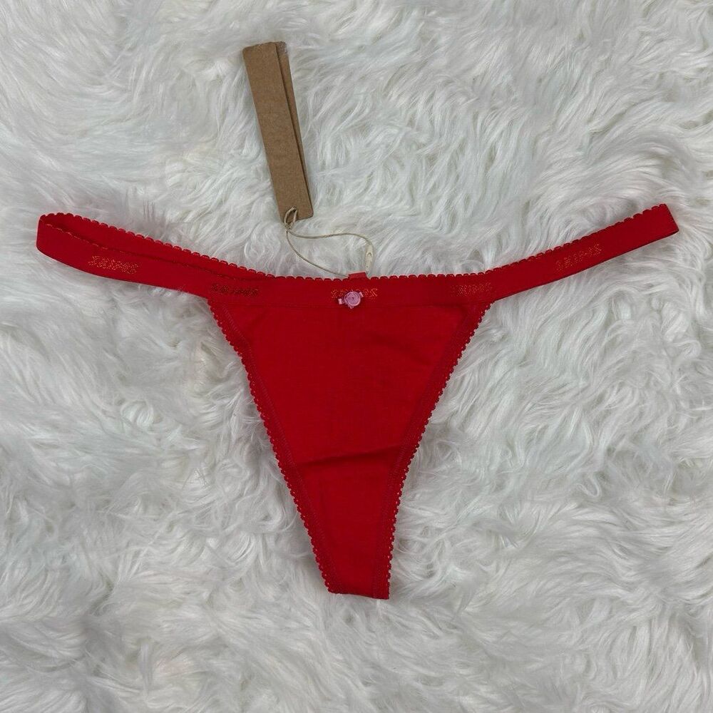Skims Lightweight Cotton Logo Picot Thong Ruby Tonal Size Small